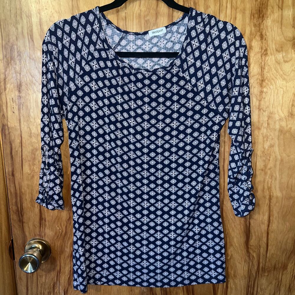 Blue Pink Floral Print  Ribbed Quarter Sleeve T-Shirt Size Medium